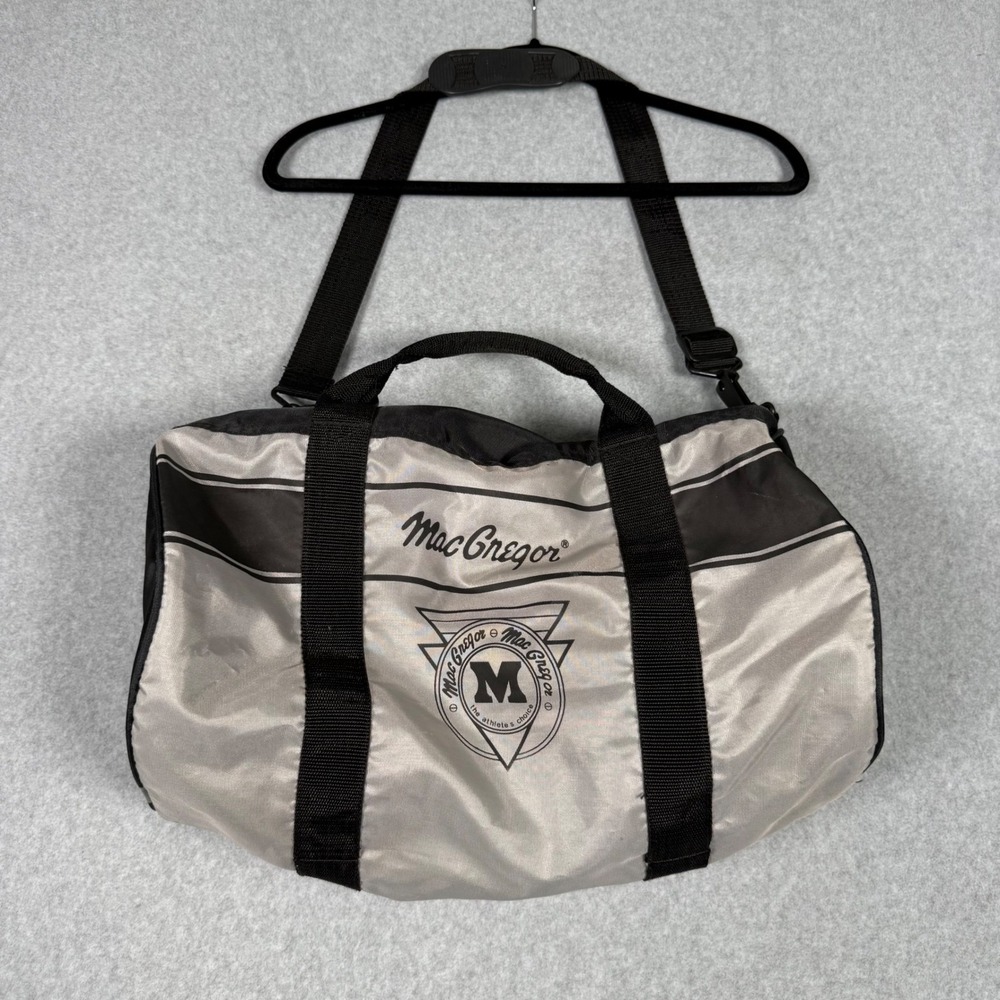 MacGregor Vintage 80s Silver Black Duffle Bag Athletic Gym Travel Shoulder Strap